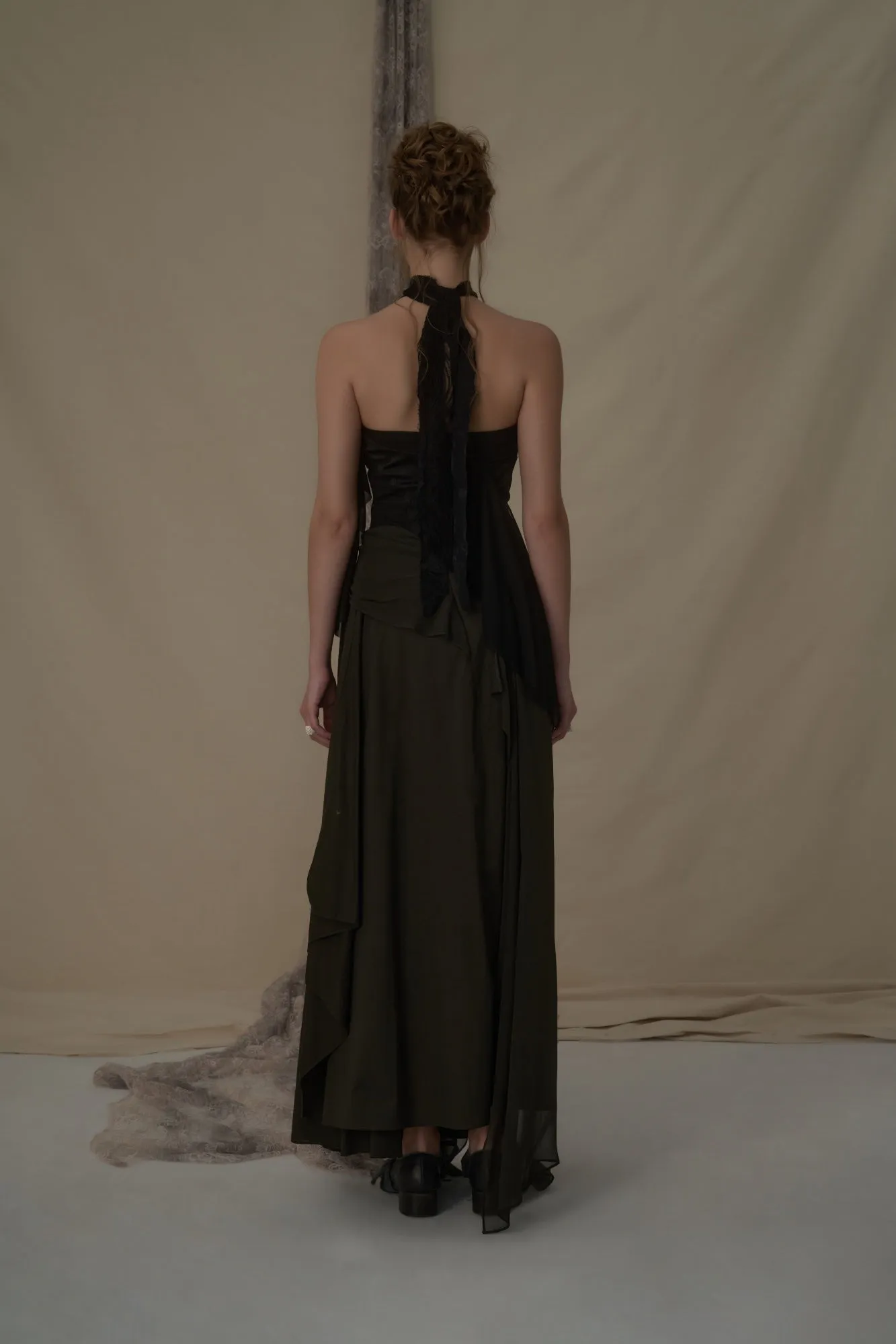 Olive Silk Draped Mid-Length Skirt