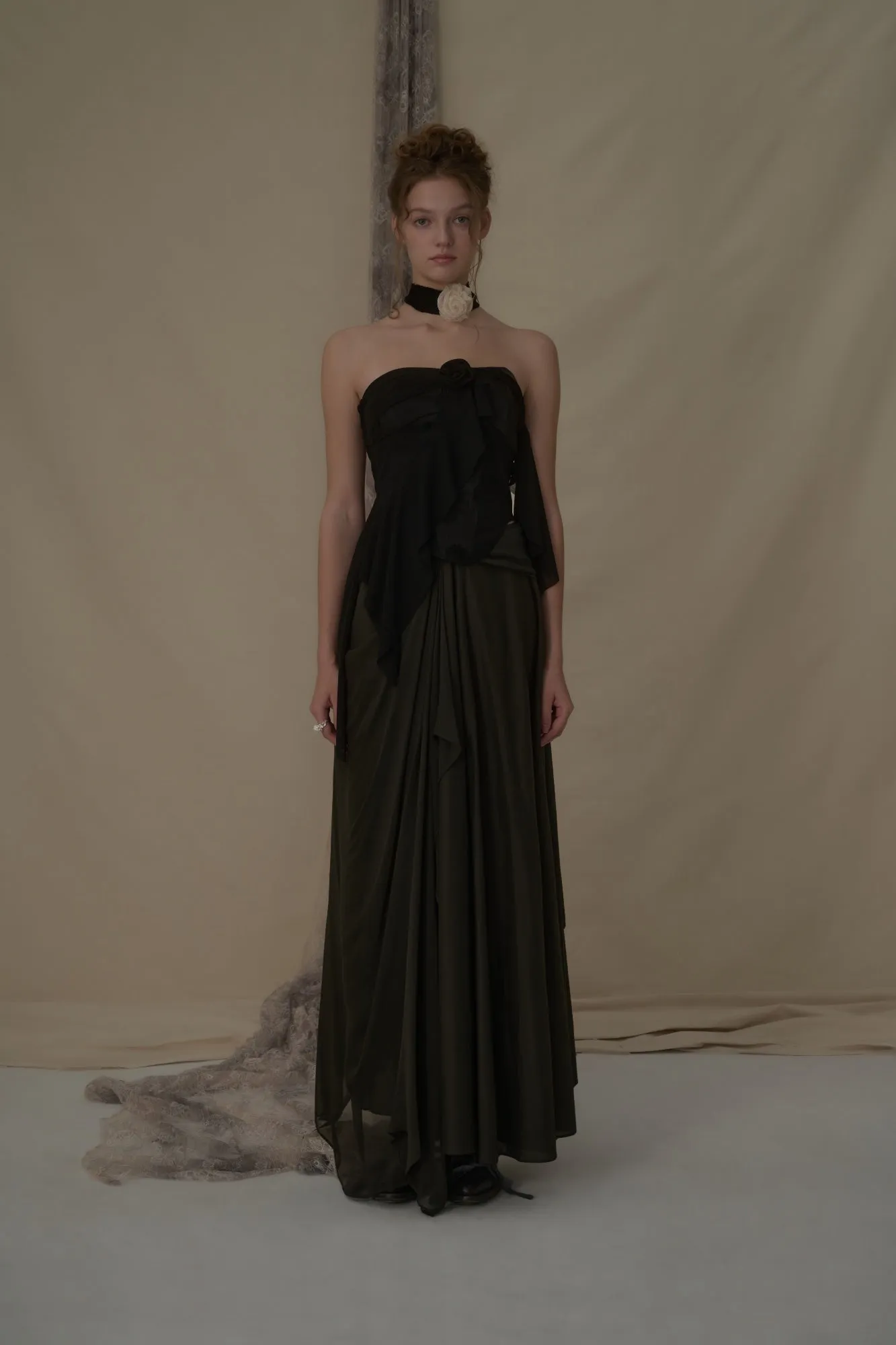 Olive Silk Draped Mid-Length Skirt