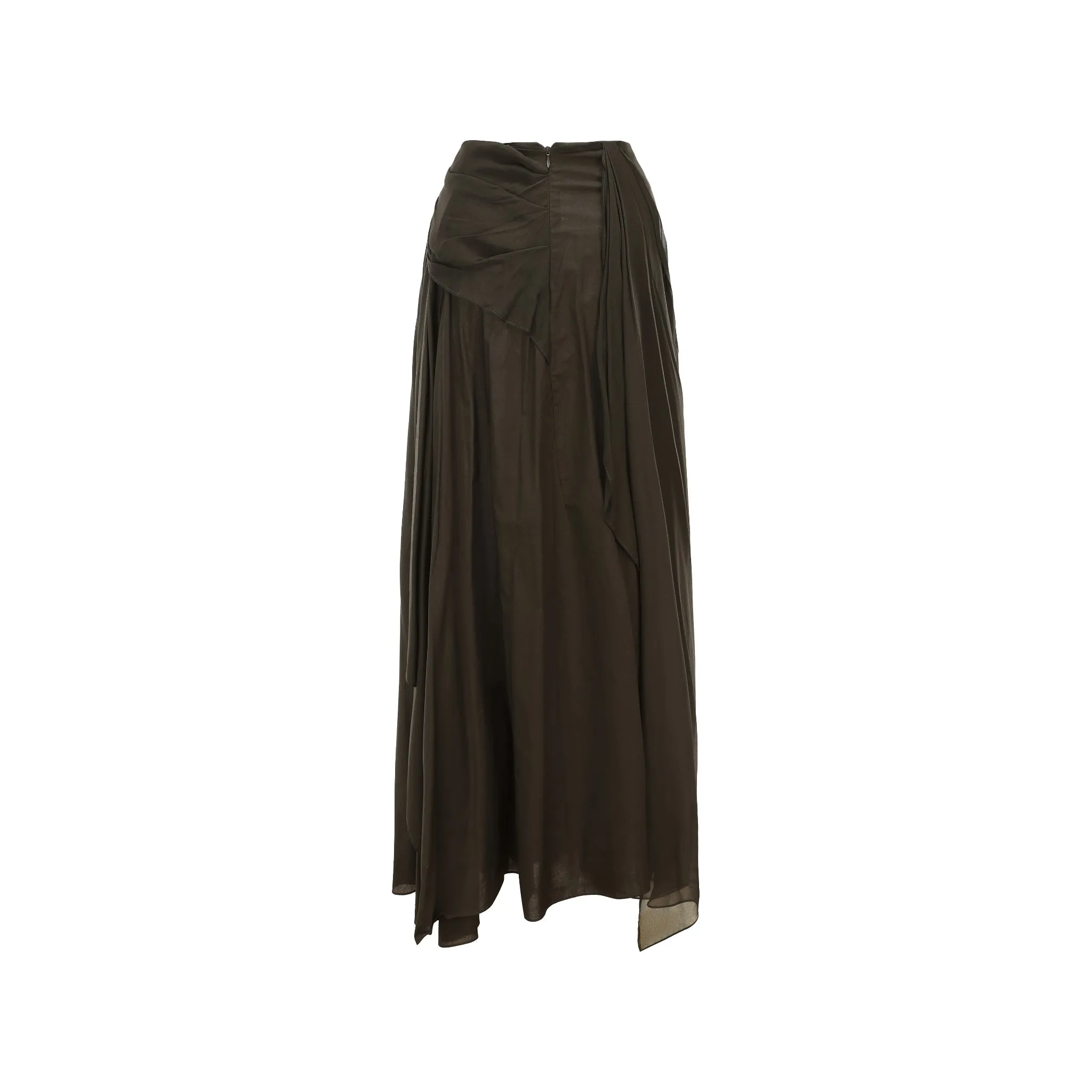 Olive Silk Draped Mid-Length Skirt