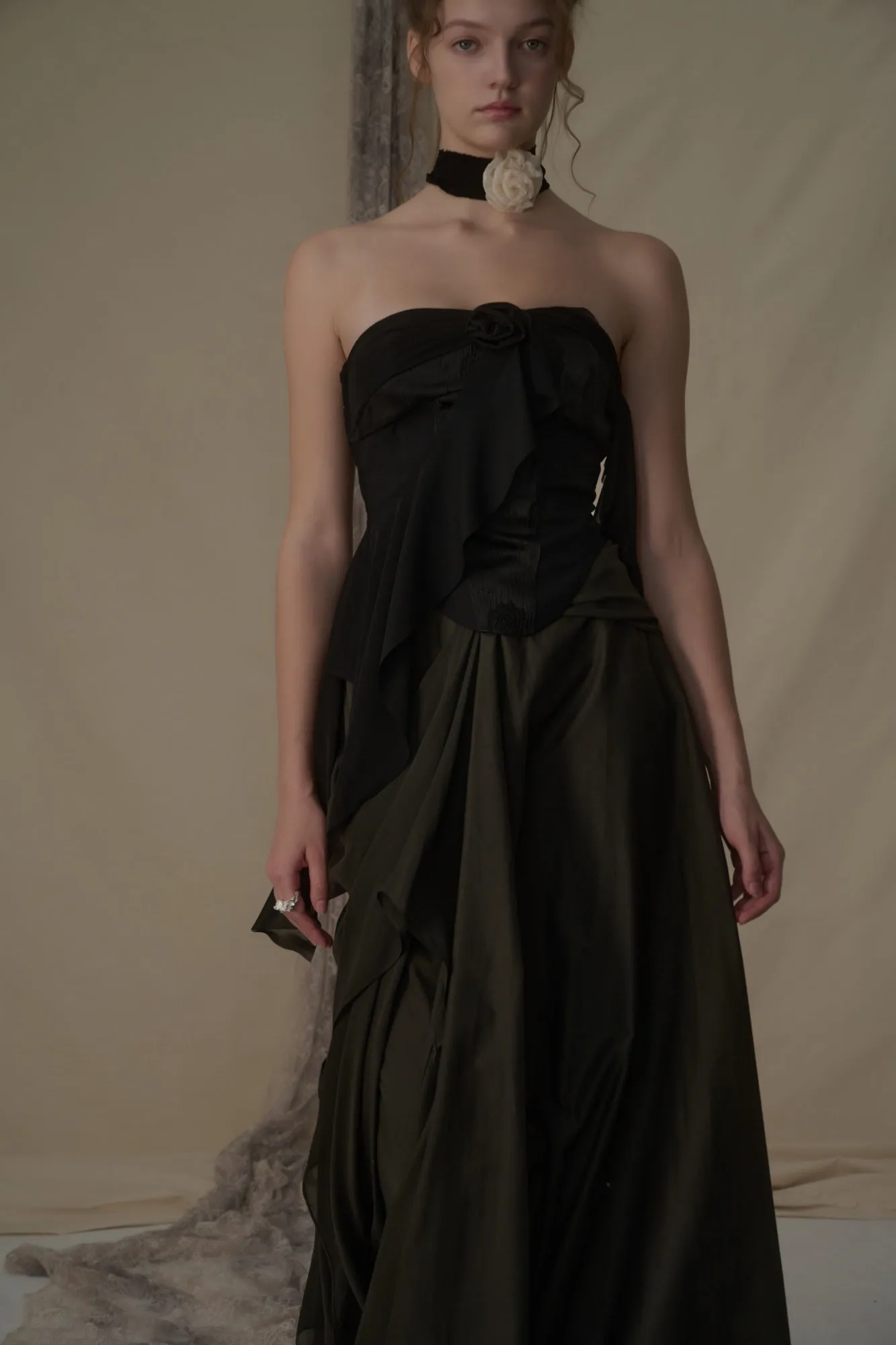Olive Silk Draped Mid-Length Skirt