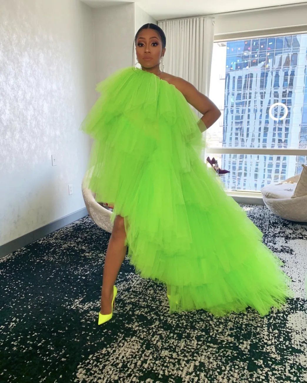 One Shoulder Maxi Tutu Dress Neon Green