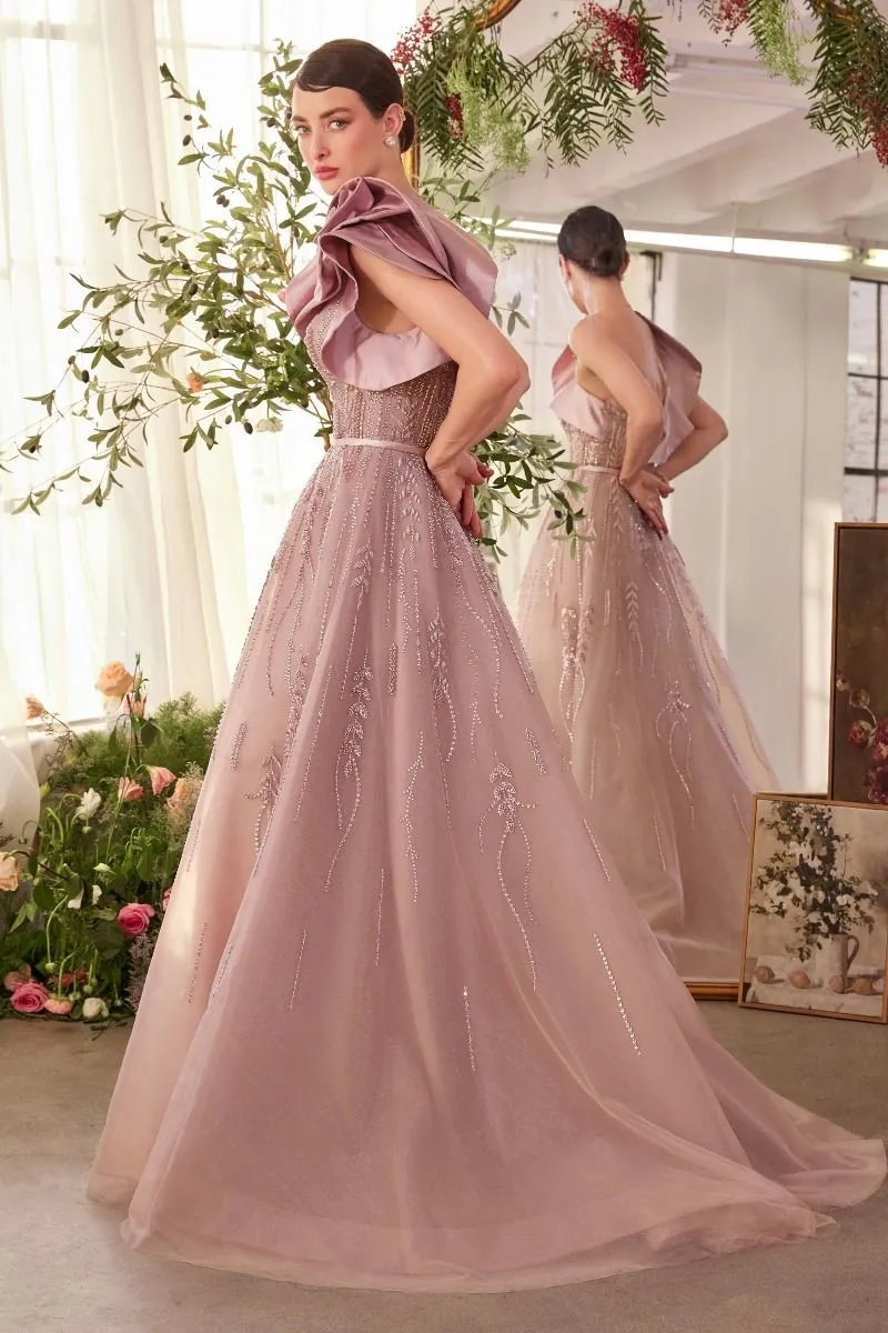 One Shoulder Rosette Mauve Ball Gown