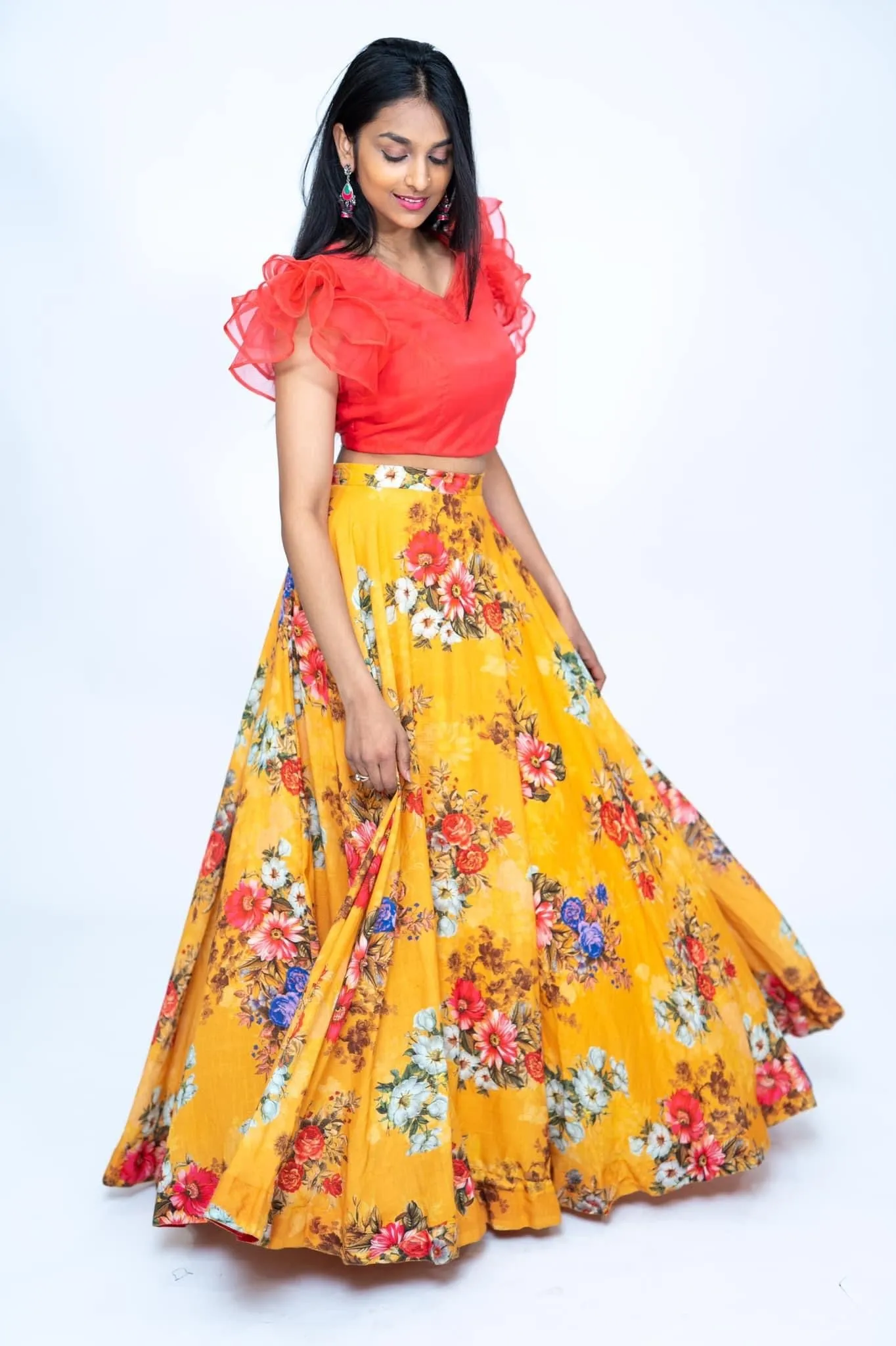Orange Frill blouse With Mustard yellow Floral Lehenga
