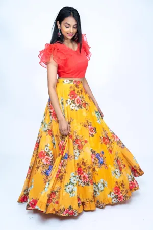 Orange Frill blouse With Mustard yellow Floral Lehenga