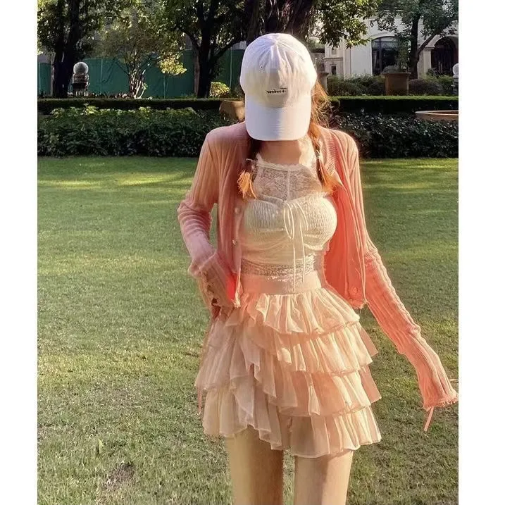 Pink and White Mesh Layered Mini Skirt