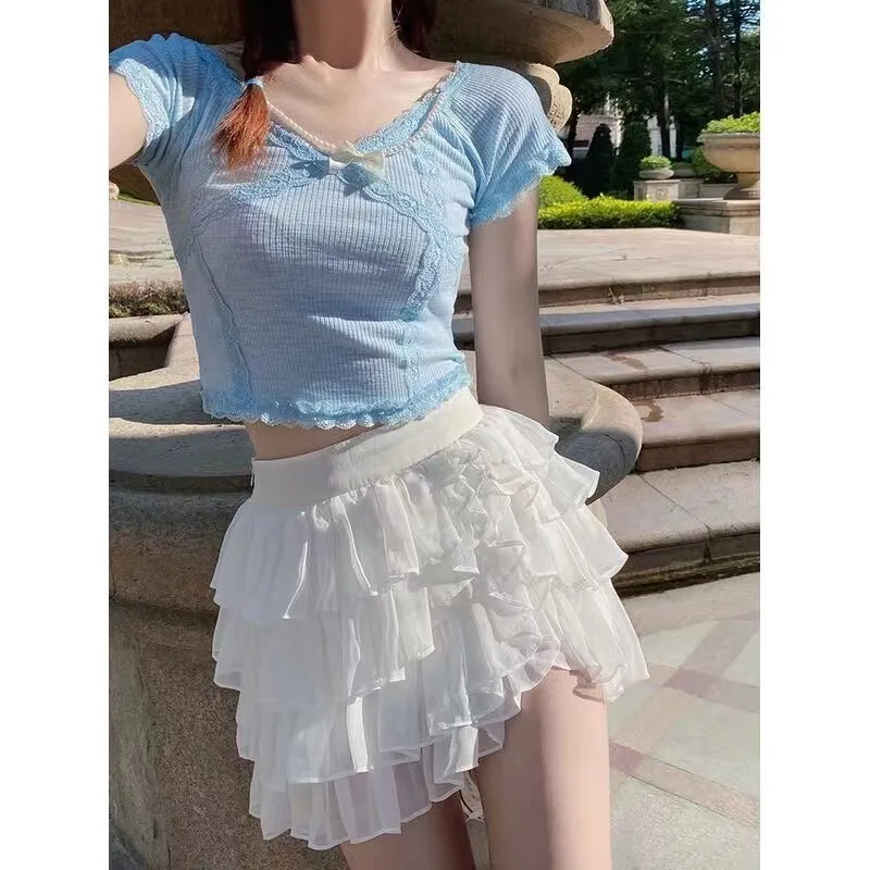 Pink and White Mesh Layered Mini Skirt