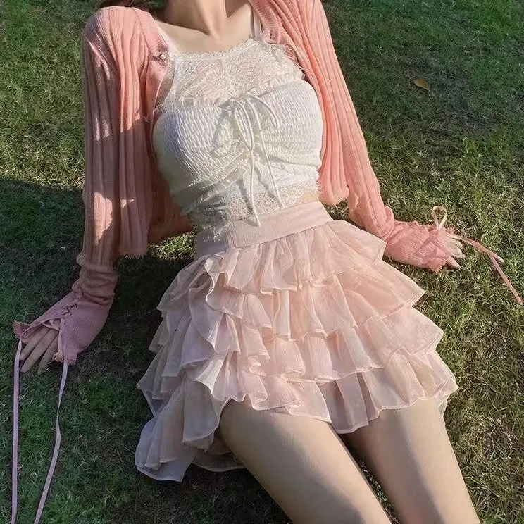 Pink and White Mesh Layered Mini Skirt
