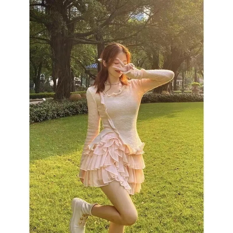 Pink and White Mesh Layered Mini Skirt