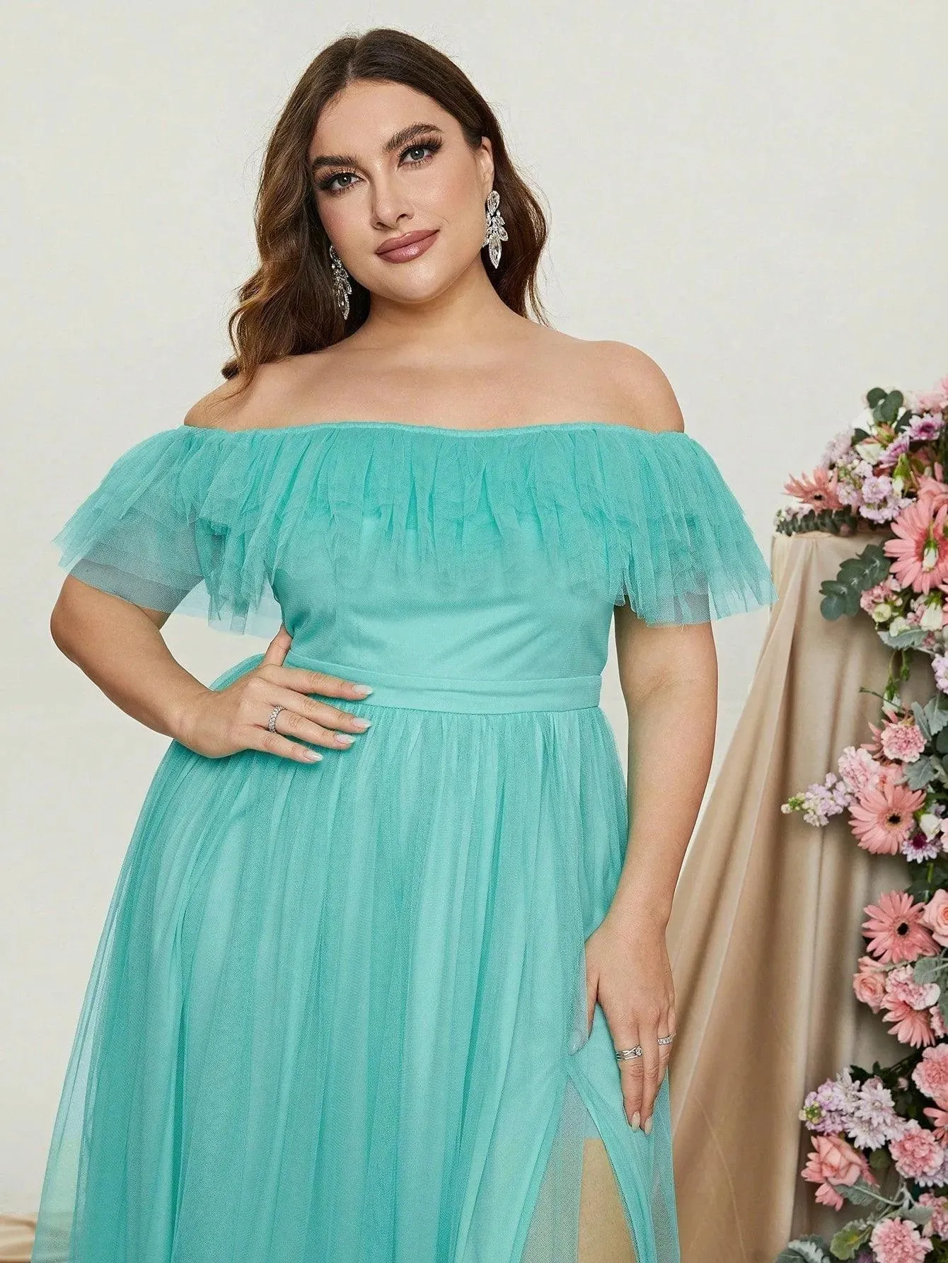Plus Off Shoulder Layered Tulle A Line Dress