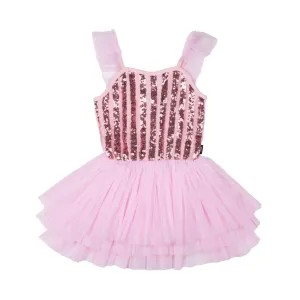 Rock Your Kid - Pink Stripe Sequin Tulle Leotard Dress - Pink