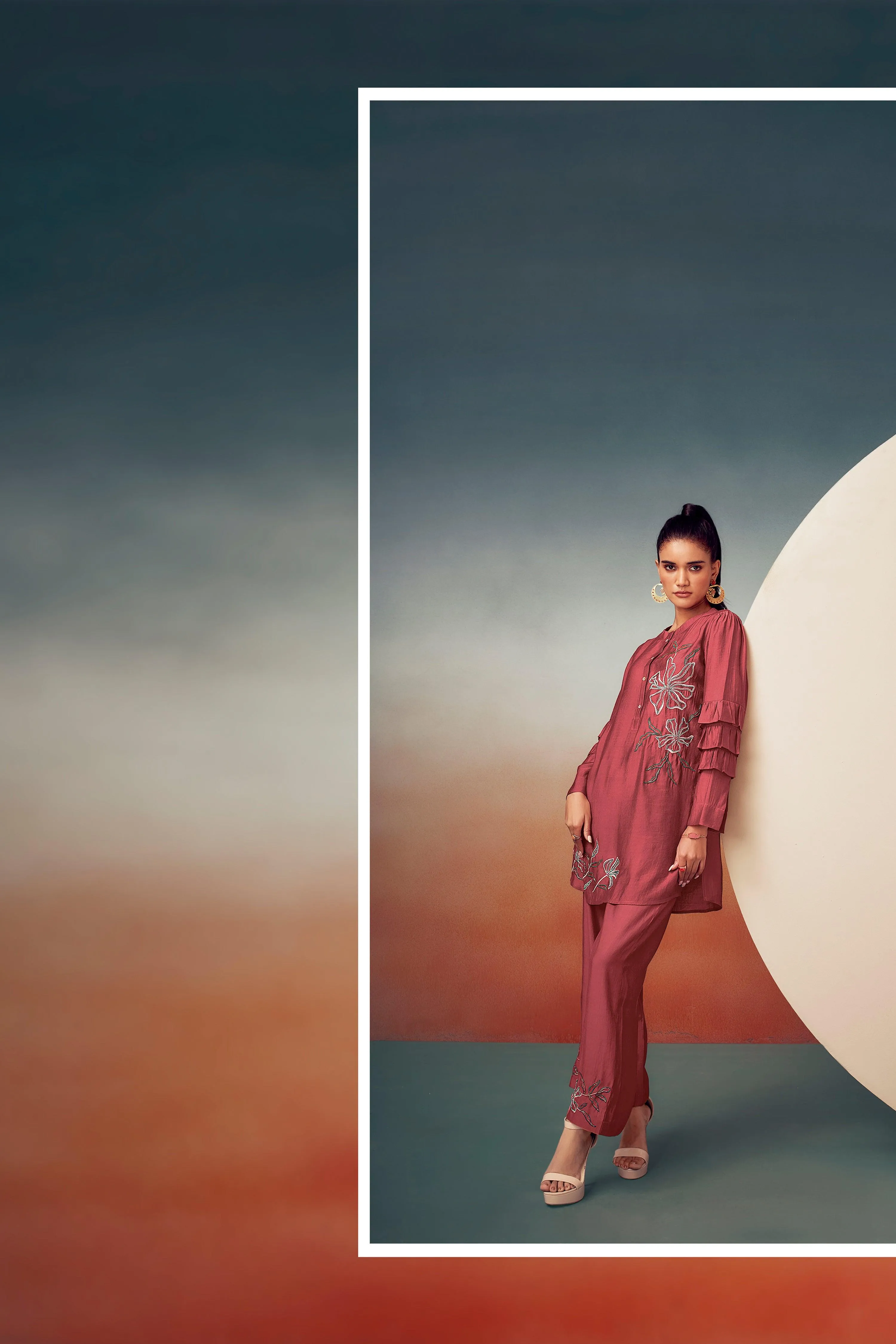 Rusty Red Embroidered Tunic with Trouser Set