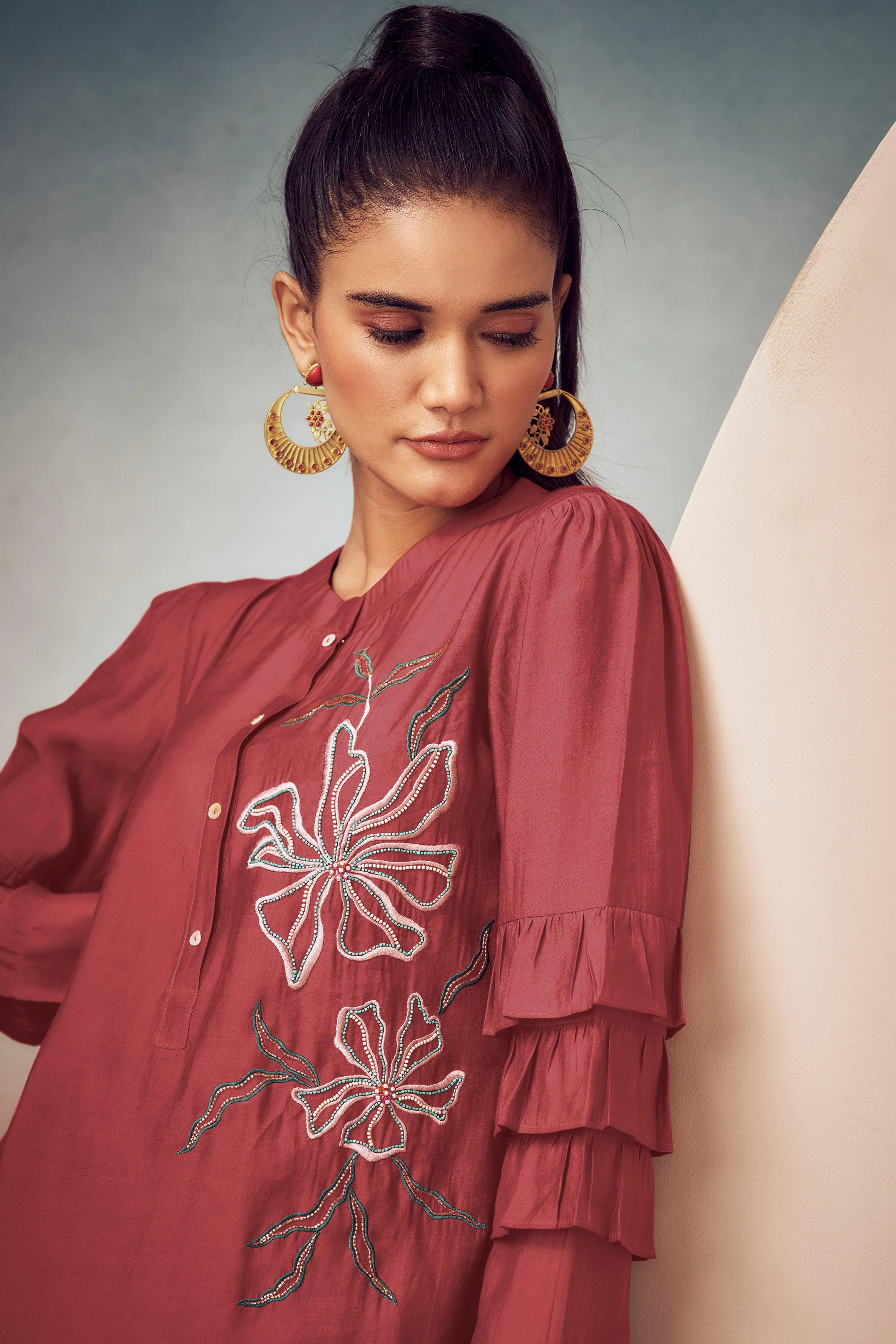 Rusty Red Embroidered Tunic with Trouser Set