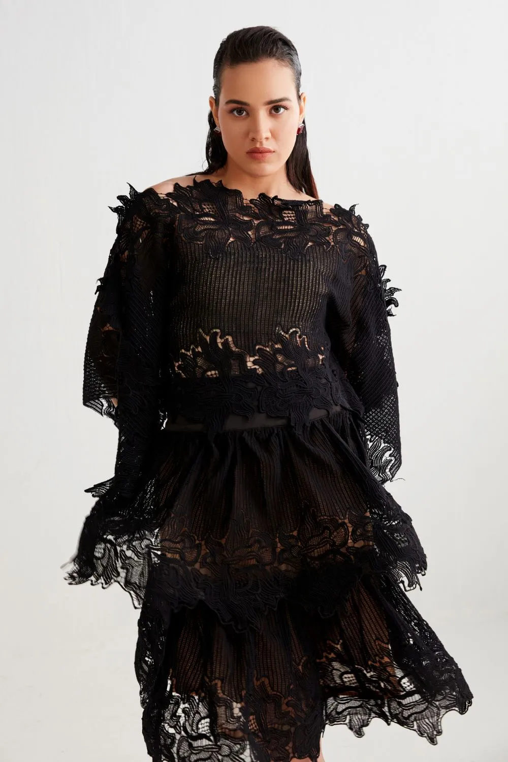 Scallop Black Layered Top & Skirt Set