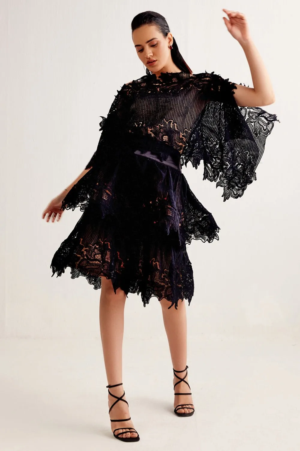 Scallop Black Layered Top & Skirt Set