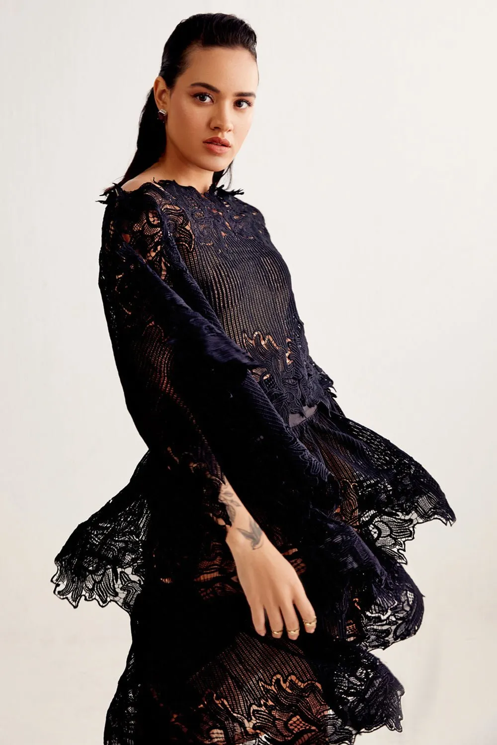 Scallop Black Layered Top & Skirt Set