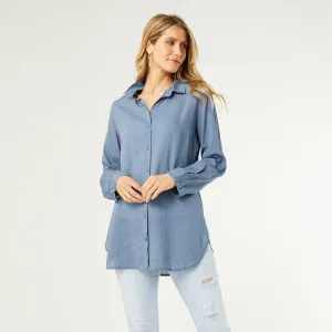 Skyla Button Down Tunic Top - Smokey Blue