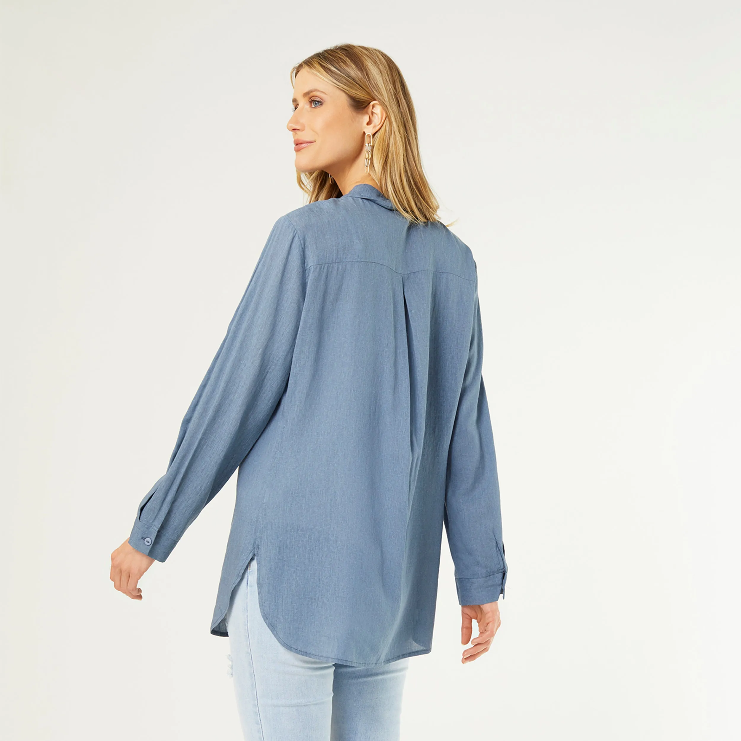 Skyla Button Down Tunic Top - Smokey Blue