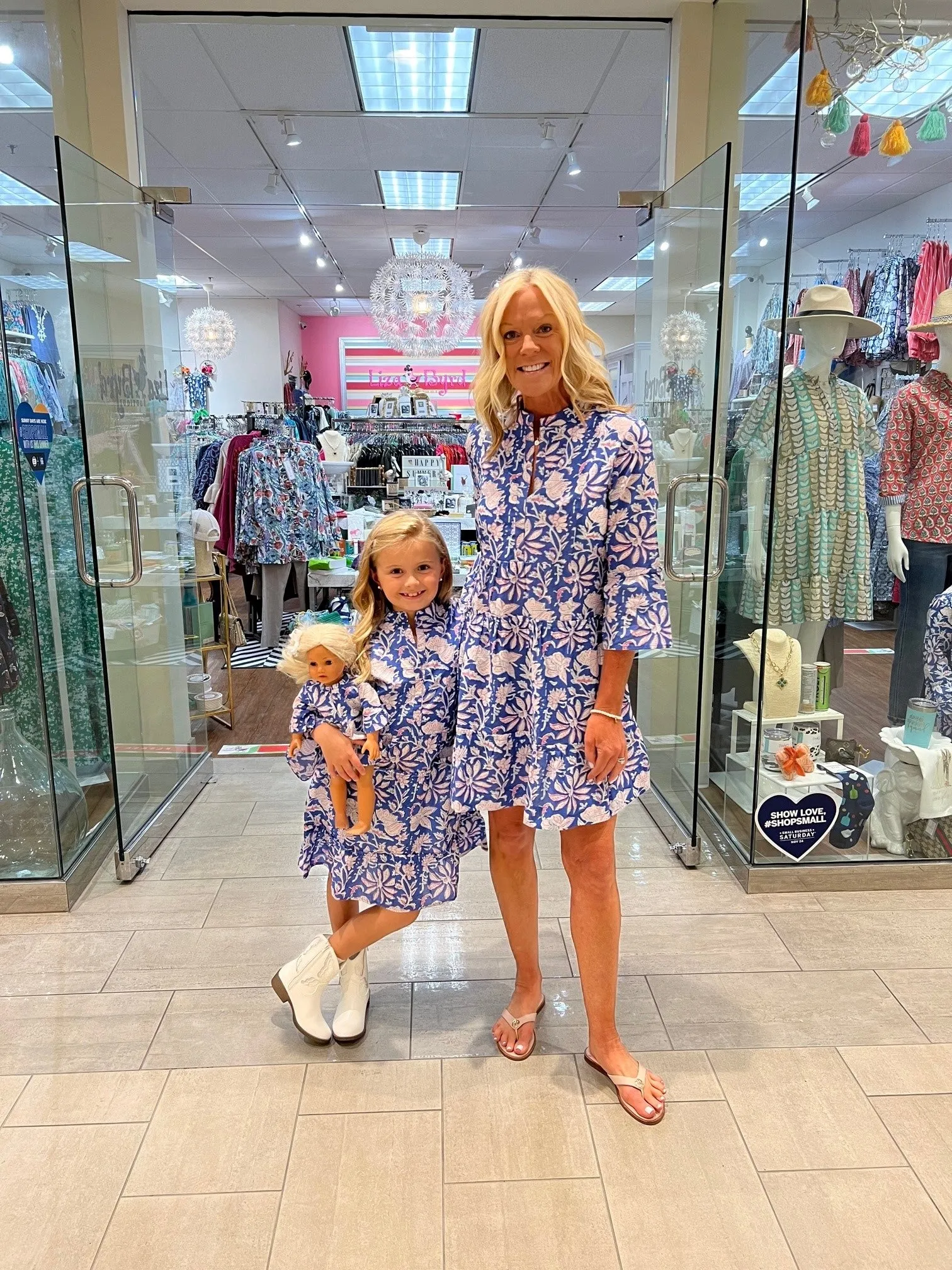 The Makayla Girl's Cotton Block Print Dress in Pink and Blue