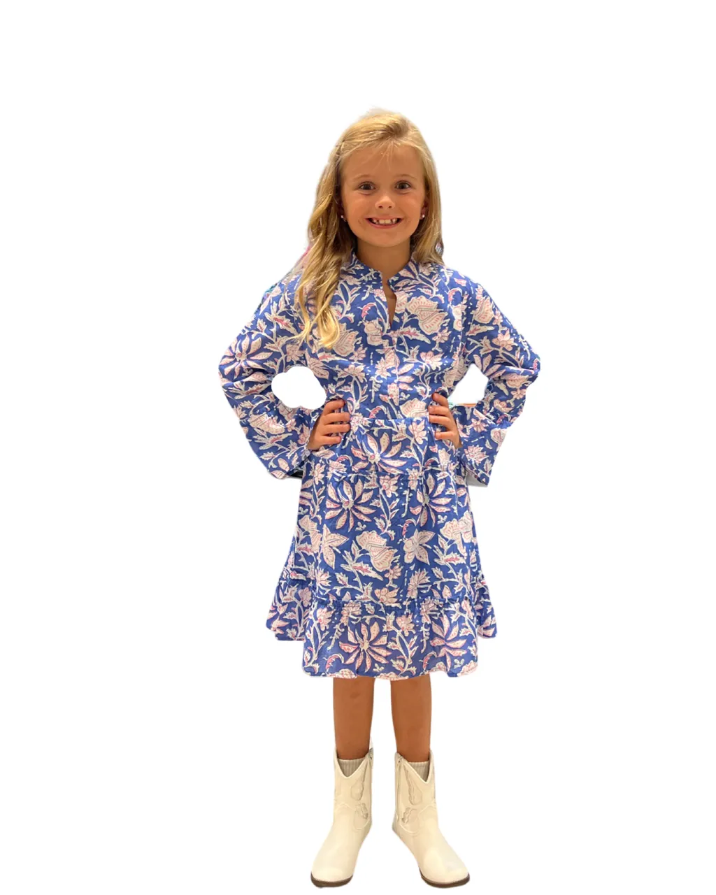 The Makayla Girl's Cotton Block Print Dress in Pink and Blue