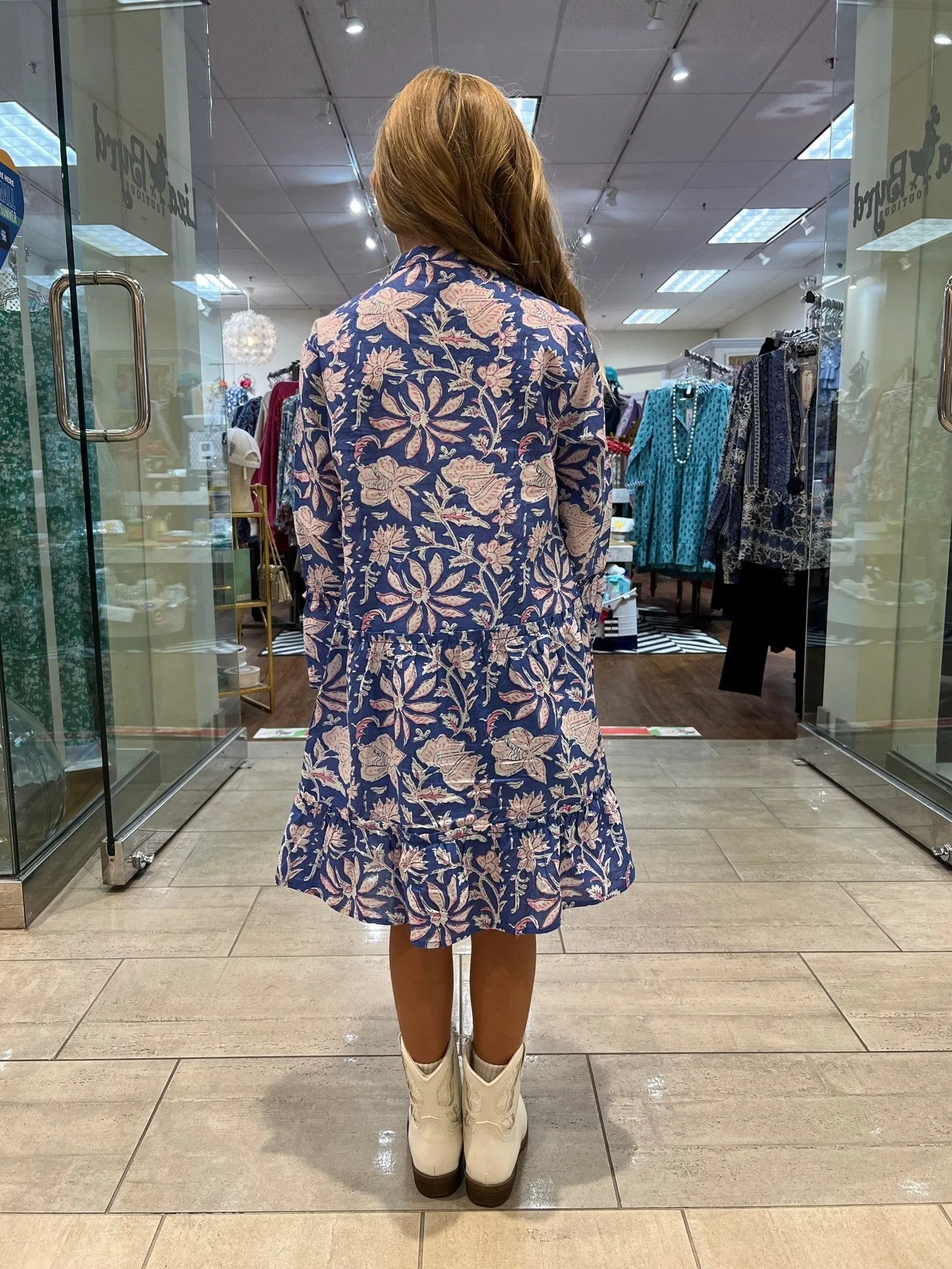 The Makayla Girl's Cotton Block Print Dress in Pink and Blue