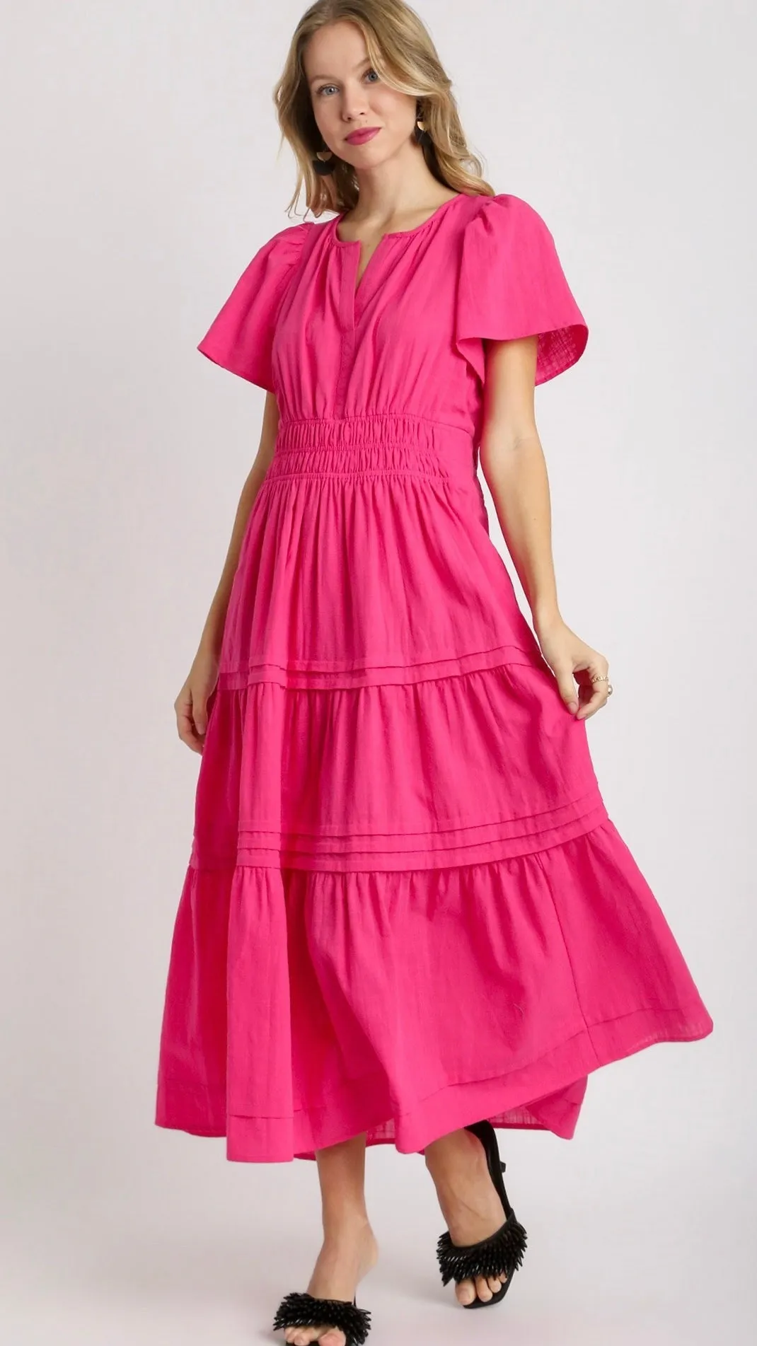 Tilly Tiered Midi Dress Hot Pink