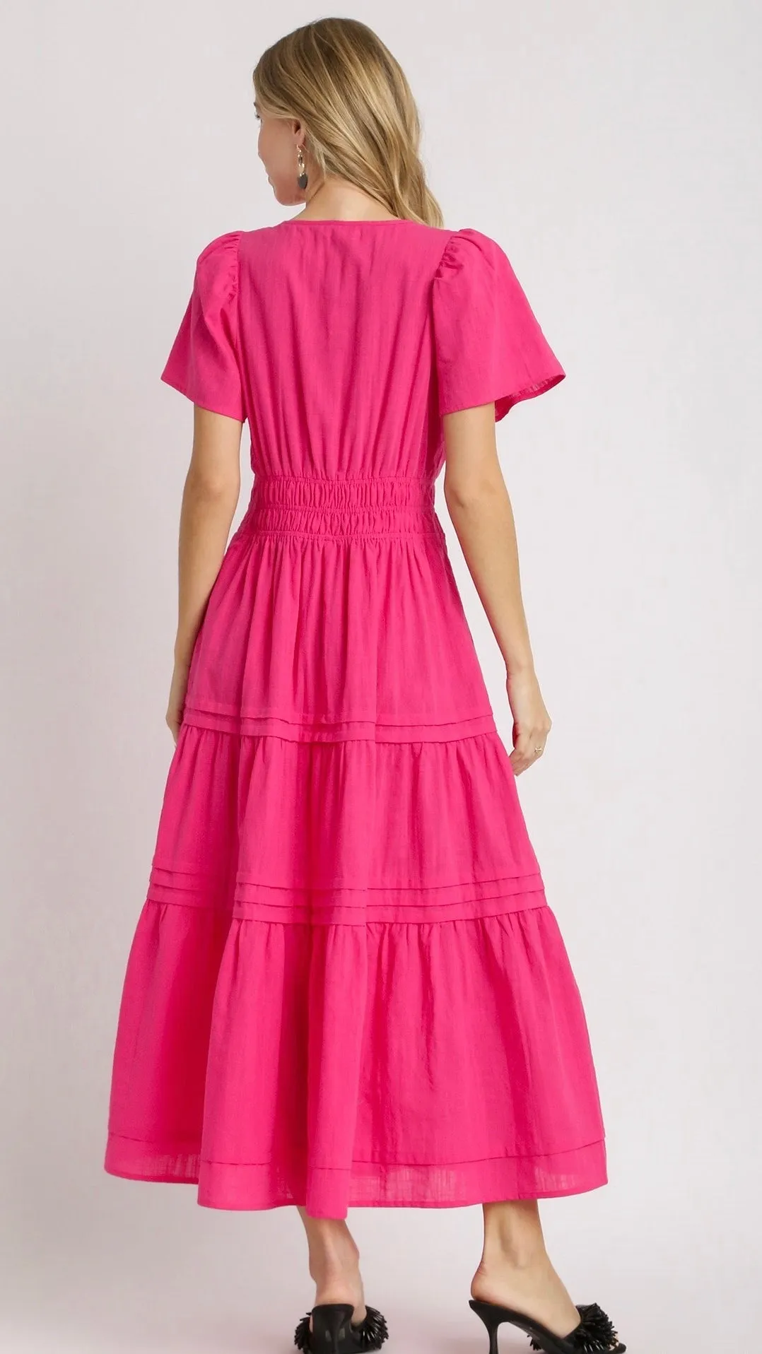Tilly Tiered Midi Dress Hot Pink