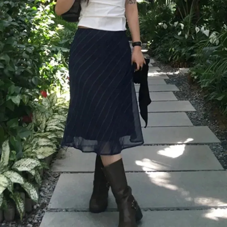 Vintage Striped Mesh Low-waisted Mid-length Skirt Bottom