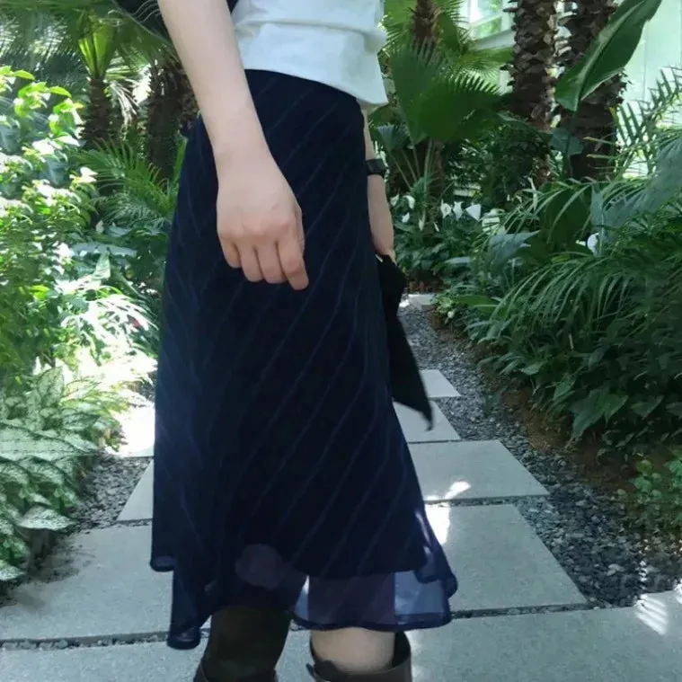 Vintage Striped Mesh Low-waisted Mid-length Skirt Bottom