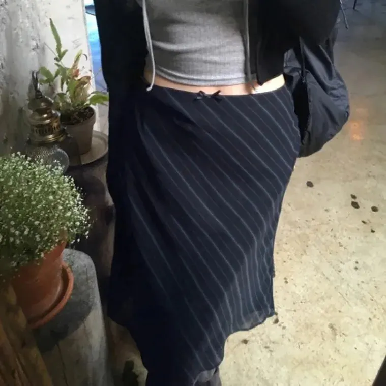 Vintage Striped Mesh Low-waisted Mid-length Skirt Bottom