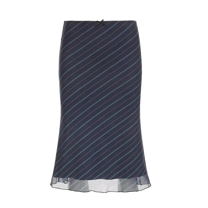 Vintage Striped Mesh Low-waisted Mid-length Skirt Bottom