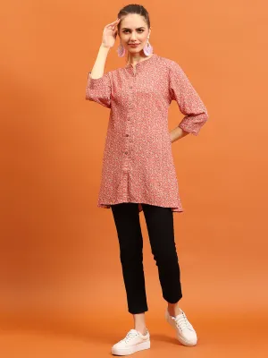 Women Pink Mandarin Collar Tunic