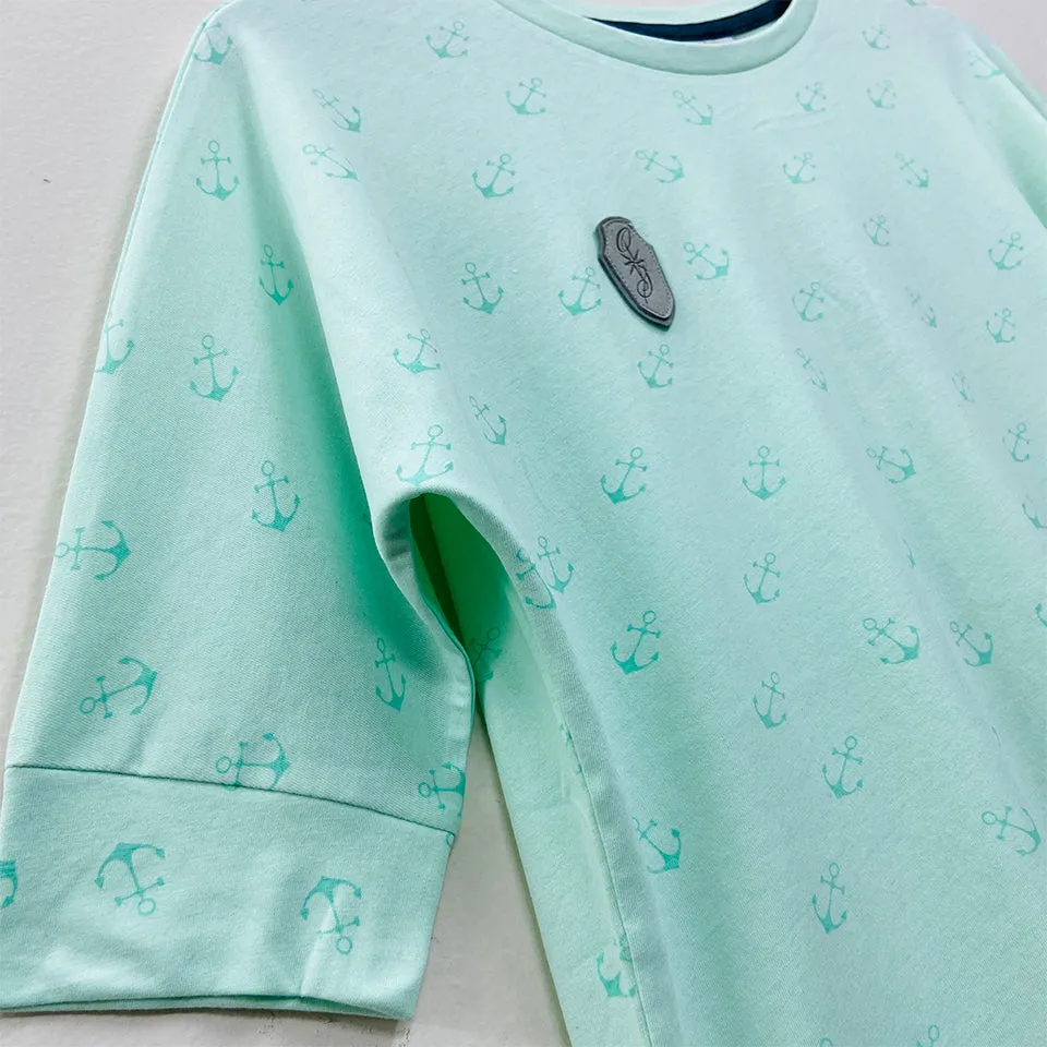 Womens Semi Long Side Vent Crewneck Casual Cotton T-Shirt