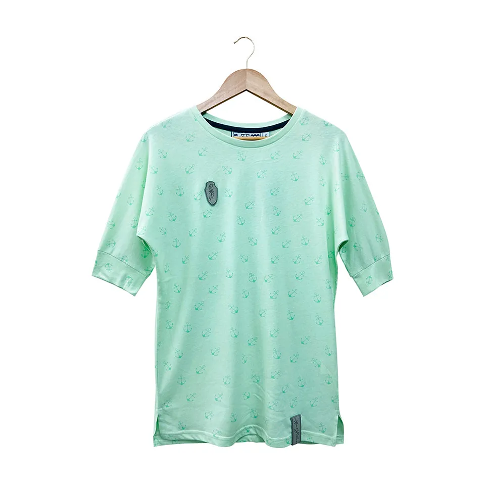 Womens Semi Long Side Vent Crewneck Casual Cotton T-Shirt