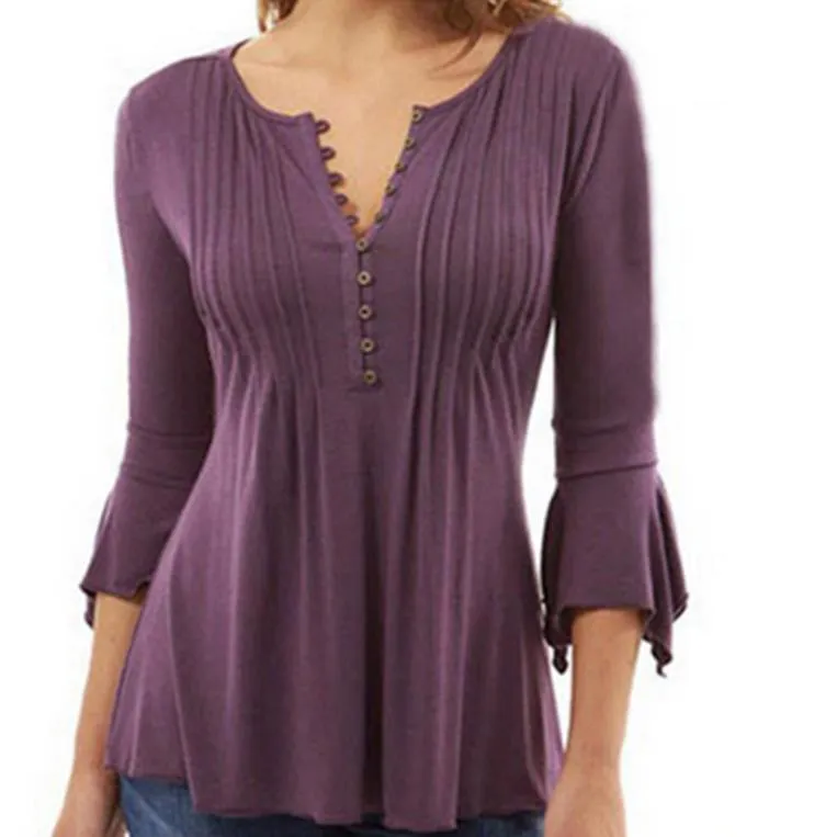 Women's trumpet sleeve pleated T-shirt