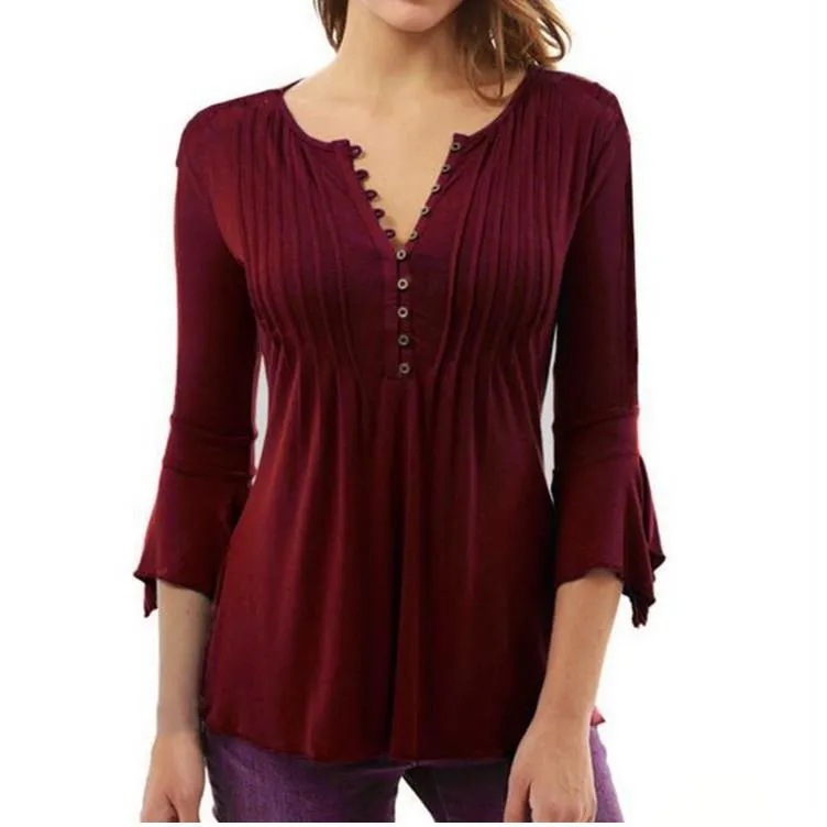 Women's trumpet sleeve pleated T-shirt
