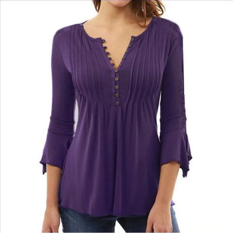 Women's trumpet sleeve pleated T-shirt