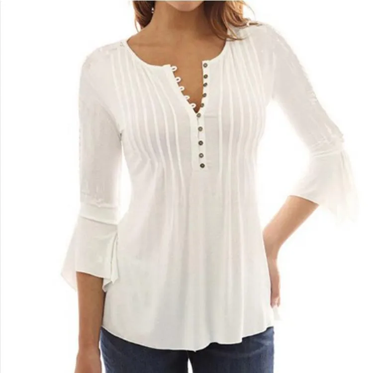 Women's trumpet sleeve pleated T-shirt