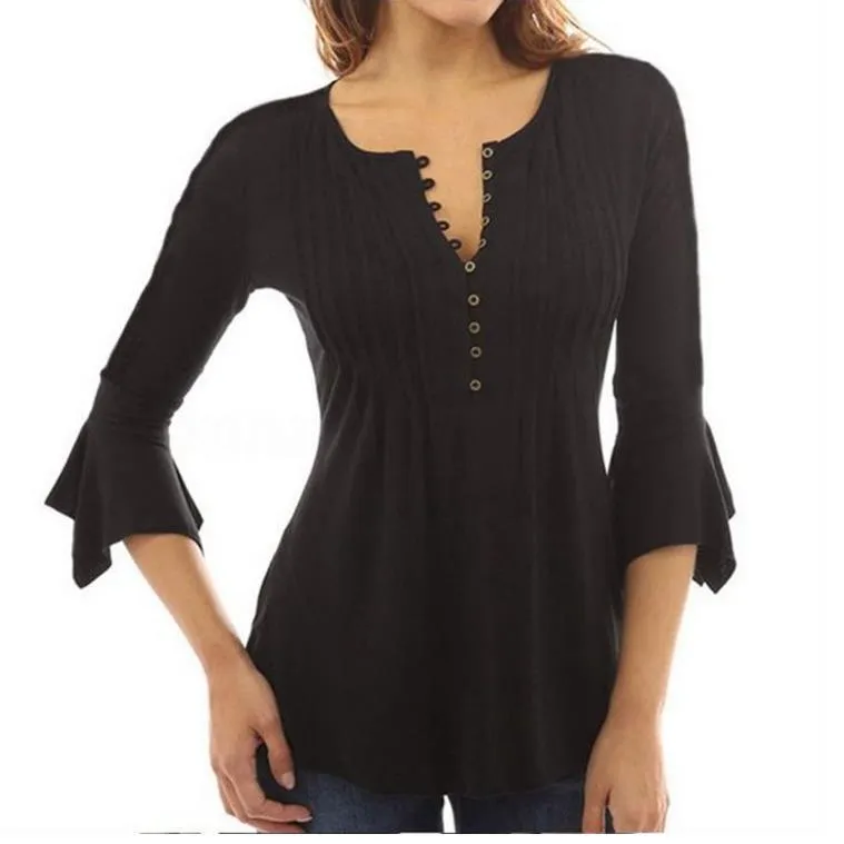 Women's trumpet sleeve pleated T-shirt