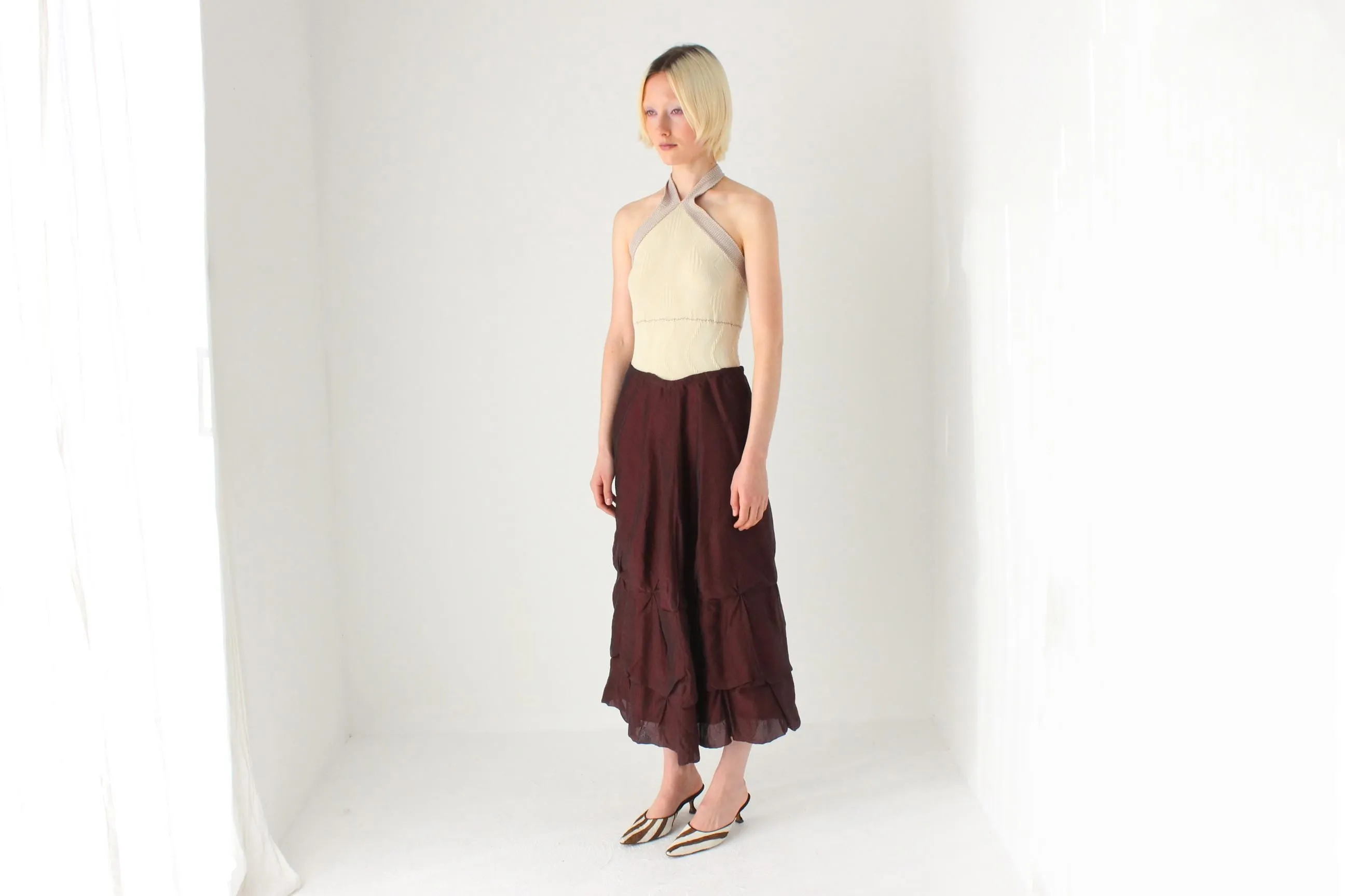 Y2K Burgundy Textured Bubble Midi Skirt w/ Drawstring Waist