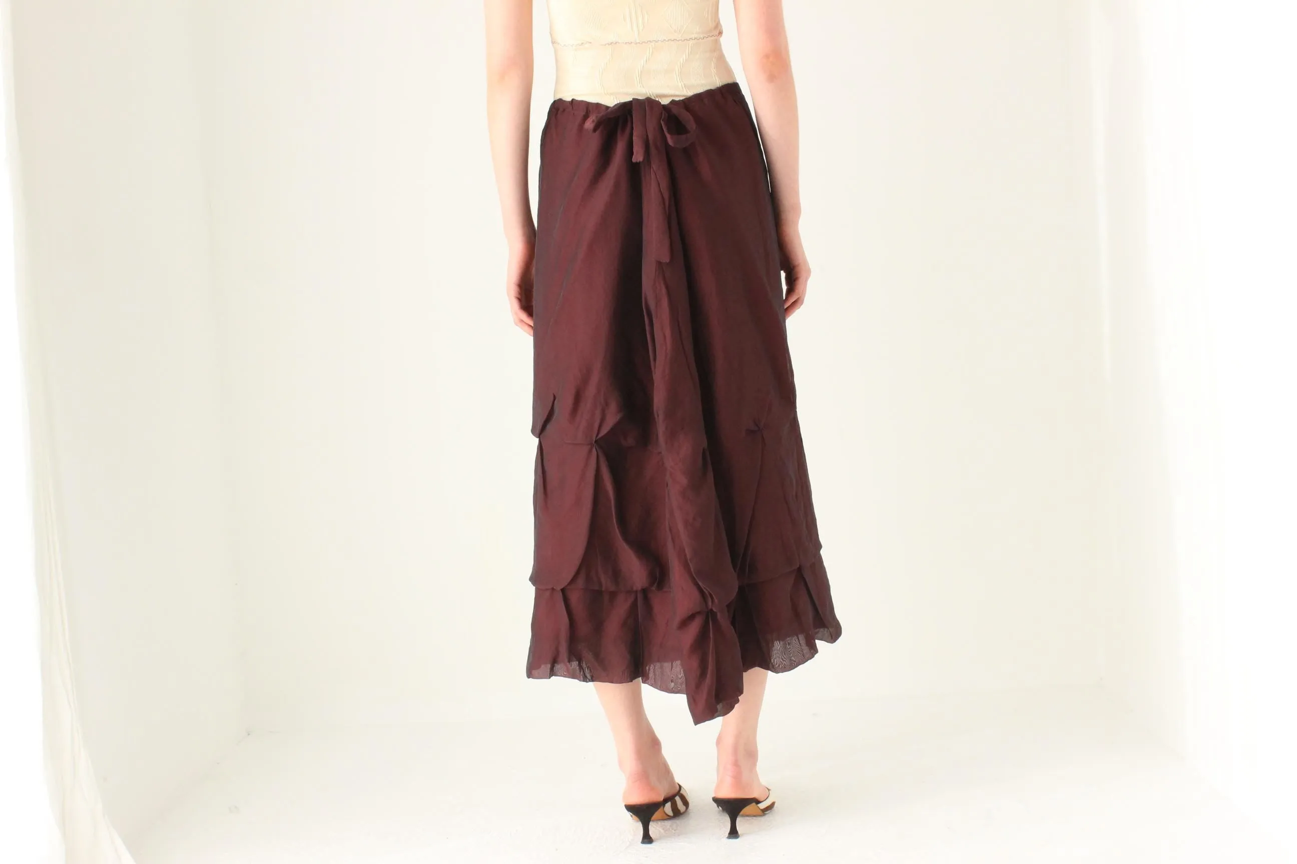 Y2K Burgundy Textured Bubble Midi Skirt w/ Drawstring Waist