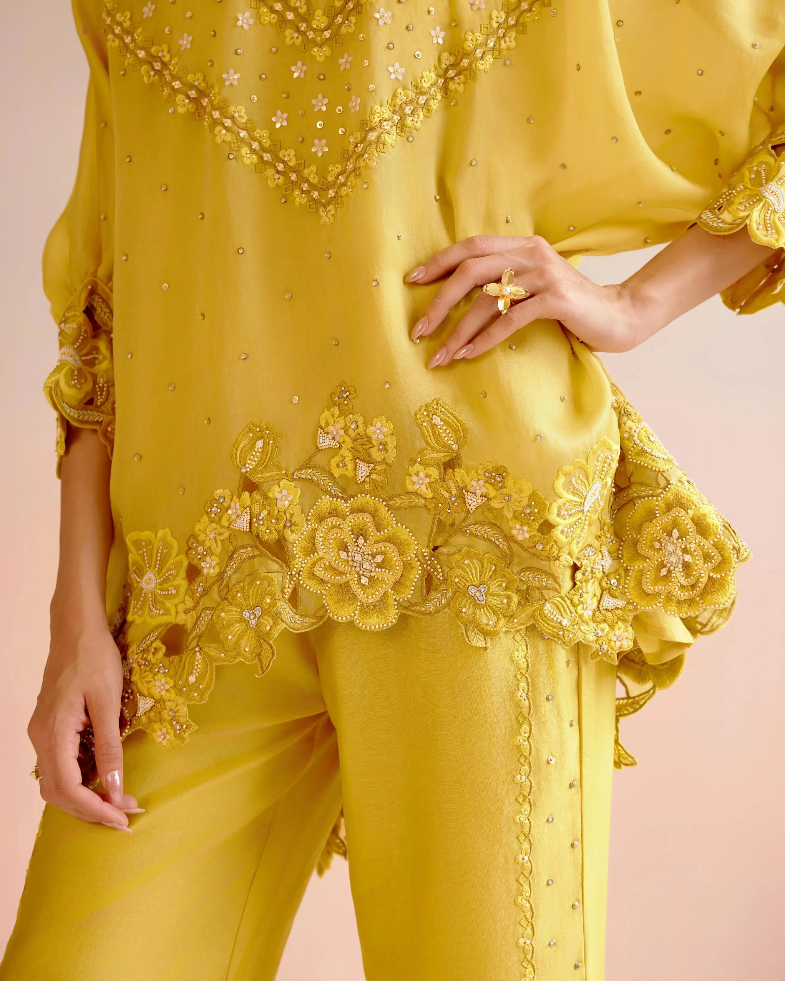 Yellow Multi Tonal Cutwork Kimono Tunic With Pants